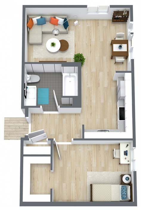 1 Bed/1Bath unit:  A top-down view of a living room, kitchen, and bathroom.